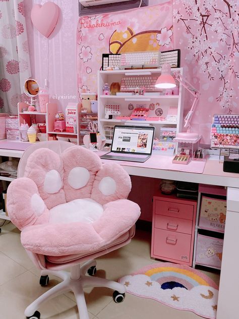 cute egirl set up Paw Cushion, Kawaii Room Ideas, Gaming Rooms, Kawaii Bedroom, Otaku Room, Gamer Room Decor, Video Game Room Design, Gaming Setups, Gaming Room Setup