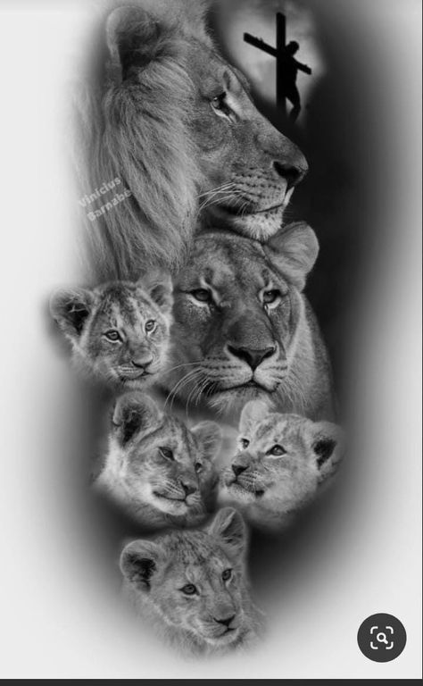 Lion Family Tattoos For Men, Animal Family Tattoo, Lion Family Tattoo, Family Tattoo Design, Family Tattoos For Men, Cute Thigh Tattoos, Animal Sleeve Tattoo, Lion Sketch