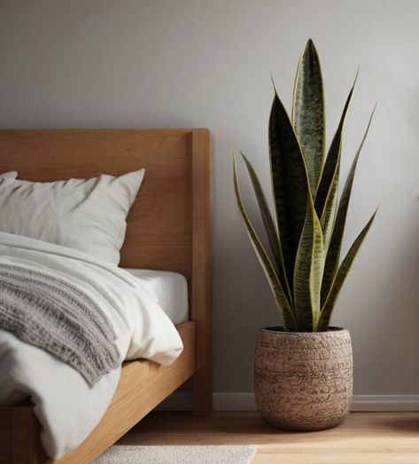 Big Plants For Bedroom, Snake Plant Bedroom, Snake Plant In Bedroom, Zz Plant Decor, Plant For Bedroom, Plant Bedroom, Small House Plants, Wood Pots, Decor Plants