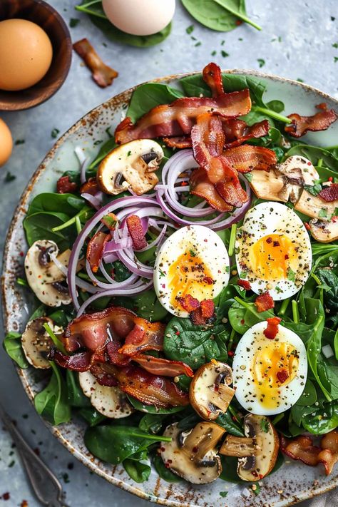 spinach salad with warm bacon dressing. Warm Bacon Vinaigrette, Simple Baked Salmon, Wilted Spinach Salad, Warm Bacon Dressing, Bacon Vinaigrette, Simple Spinach Salad, Hot Bacon Dressing, Bacon Dressing, Salad With Chicken