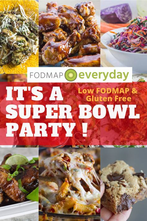 9 photos of super bowl recipes with the words It's A Super Bowl Party! Low FODMAP & Gluten Free FODMAP Everyday Low Fodmap Super Bowl Recipes, Low Fodmap Appetizer Recipes, Low Fodmap Football Food, Fodmap Appetizers Parties, Low Fodmap Potluck Recipes, Low Fodmap Superbowl Snacks, Low Fodmap Appetizers Parties, Fodmap Dips, One Bowl Cookies