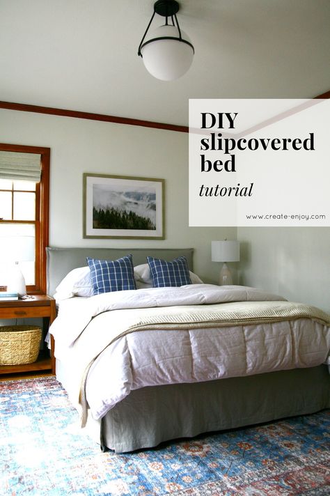 DIY upholstered & slipcovered bed tutorial / Create / Enjoy Diy Linen Slipcover Headboard, Diy Headboard Slipcover, Diy Slipcover, Slipcover Headboard, Slipcovered Bed, Slipcovered Headboard, Diy Beds, Bed Tutorial, Murphy Bed Ikea