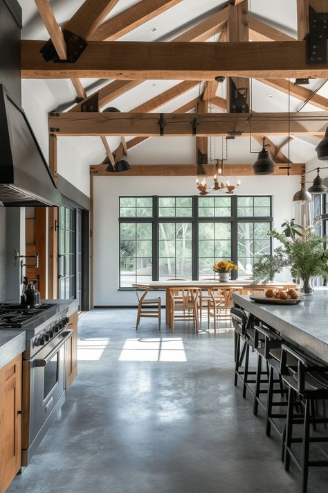 Polished Concrete Farmhouse, Wood Cabinets With Concrete Floors, Cabin With Concrete Floors, Polished Concrete Floor Barndominium, Farmhouse With Concrete Floors, Kitchen Exposed Beams, Concrete Flooring Kitchen, Farmhouse Concrete Floors, Concrete Floors Kitchen