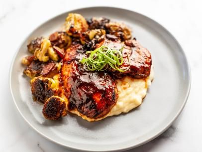 BBQ Glazed Half Chicken Recipe | Ree Drummond | Food Network Pioneer Woman Bbq Glazed Chicken, Roasted Vegetable Quesadilla, Vegetable Quesadilla, Fowl Recipes, Mercantile Store, Bacon Brussels Sprouts, Butter Mashed Potatoes, Dinner Quick, Half Chicken