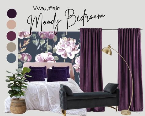 Embrace the Dark Side: Moody Bedroom Inspiration – Babbling Babe Dark Plum Bedroom, Plum And Grey Bedroom, Moody Purple Bedroom, Deep Purple Bedroom, Dark Purple Bedroom, Plum Bedroom, Blush Bedroom, Moody Design, Picture Frame Table