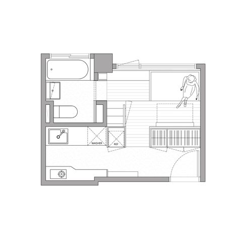 Micro Flat, Apartment Remodel, Sliding Mirror Door, Recessed Shelves, Apartment Entryway, Micro Apartment, Apartment Floor Plan, Micro House, Built In Furniture