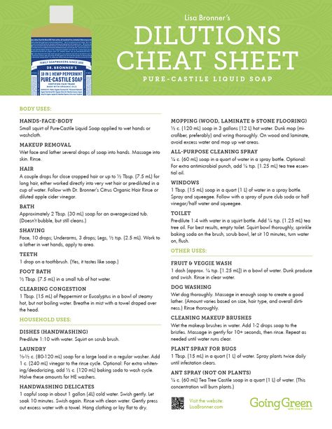 Dilutions Cheat Sheet for Dr. Bronner's Castile Soap | Going Green with Lisa Bronner Dr Bonners, Sal Suds, Castile Soap Uses, Castile Soap Recipes, Retirement Goals, Dr Bronners, Castille Soap, Pure Castile Soap, Liquid Castile Soap