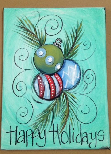 Christmas Art Acrylic Paint, Holiday Acrylic Painting Ideas, Christmas Canvas Paintings Easy Diy, Christmas Artwork Painting, Acrylic Painting Christmas Cards, Easy Diy Christmas Paintings, Paint And Sip Ideas Christmas Easy, Easy Painting Ideas On Canvas For Beginners Christmas, Easy Holiday Paintings On Canvas