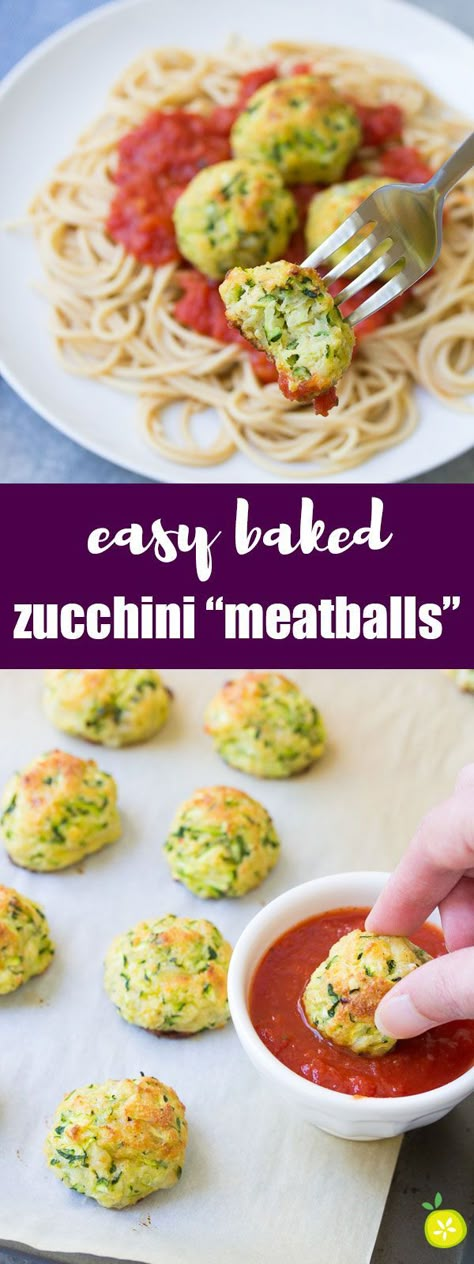 These healthy Zucchini "Meatballs" are an easy 30 minute dinner recipe. Serve them over pasta or as an appetizer with marinara sauce for dipping! | www.kristineskitchenblog.com Fingerfood Baby, Zucchini Meatballs, Clean Eating Vegetarian Recipes, Pasta Food Recipes, Clean Eating Vegetarian, Diy Easy Recipes, Baked Zucchini, Healthy Appetizer Recipes, Healthy Zucchini