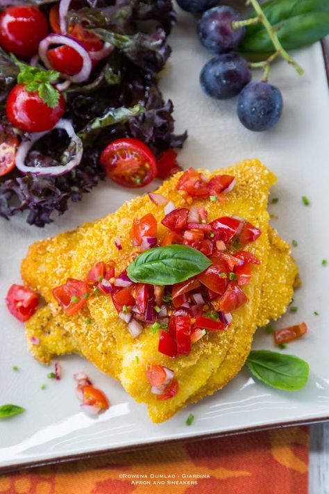 Crusted Fish, Traveling In Italy, Travel In Italy, Corn Meal, Fish Fillets, Fitness Community, Fish Fillet, Tomato Salad, Polenta