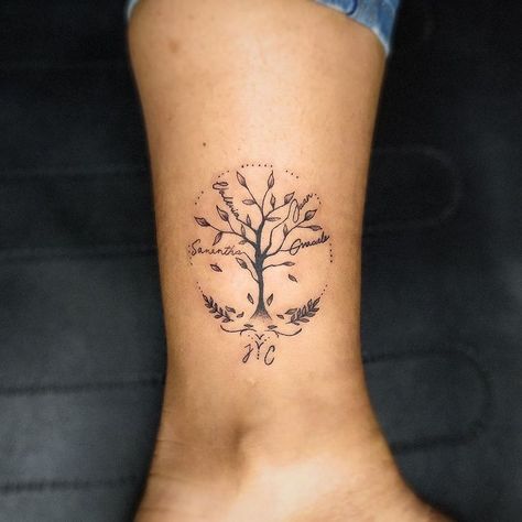 Small Family Tree Tattoo Ideas, Deciduous Tree Tattoo, Tree Of Life Tattoo Feminine Small Wrist, Grounding Tree Tattoo, Tree Of Life Tattoo Ankle, Olive Trees Tattoo, Simple Family Tree Tattoo, Ornamental Tree Tattoo, Tree Name Tattoo