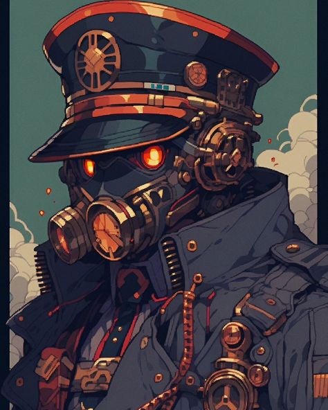 He wore a leather trench coat over his metal-plated uniform, a brass helmet with goggles and a gas mask, and a pair of mechanical gauntlets that could fire bullets or blades. He carried a steam-powered rifle on his back, a revolver on his hip, and a sword on his belt. He was a steampunk soldier, fighting for the glory of the Empire Steampunk Warrior Art, Steampunk Jetpack Concept Art, Dnd Trench Coat Character, Futuristic Gas Mask Concept Art, Steampunk Mask Art, Gas Mask Steampunk, Steampunk Mask Design, Metal Mask Design, Train Conductor Character Art