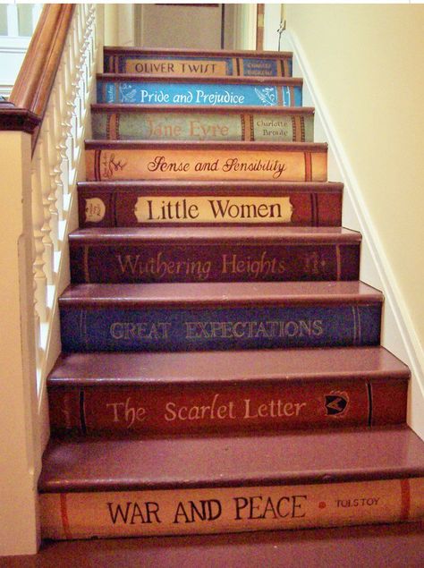 Julie Drake on Twitter: "@Writer_DG how cool would this look with your book titles? https://t.co/Zy6IAKa8K2" Book Staircase, Book Stairs, Painted Staircases, Attic Stairs, Casa Country, Painted Stairs, Attic Renovation, Attic Remodel, Stair Risers