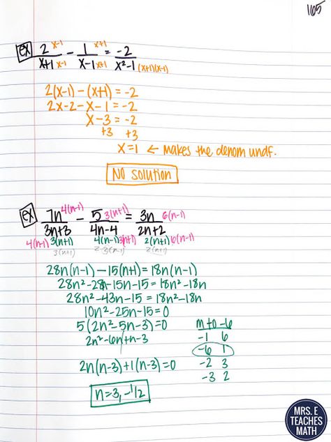 Solving rational equations is one of my favorite units in algebra 2.  My high school students don't need a lot of help beyond these notes, because they've practiced factoring quite a bit.  I use these pages in my interactive notebooks. Rational Equations, High School Math Lesson Plans, Kumon Math, Rational Function, Math Notes, Solving Equations, Math Interactive, Math Help, Math Interactive Notebook