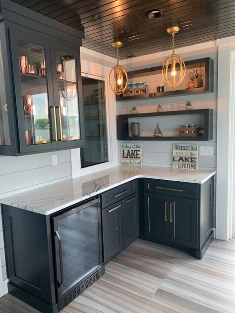 Coffee Bar In Basement, Wet Bar Black Cabinets, L Shaped Dry Bar, L Shaped Kitchenette Basement, L Shaped Wet Bar, Corner Wet Bar Ideas, Corner Dry Bar, Industrial Kitchenette, Corner Dry Bar Ideas