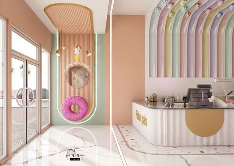 Interior Design Pastel Colors, Pastel Cafe Interior, Art Cafe Interior, Pastel Interior Design Modern, Dessert Cafe Interior, Kids Cafe Interior, Cute Cafe Interior, Candy Shop Design, Interior Design Pastel