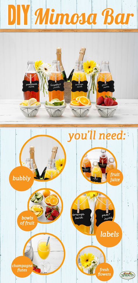 A bright and bubbly DIY mimosa bar! Diy Mimosa Bar, Diy Mimosa, Mimosa Party, Beautiful Drinks, Graduation Brunch, Brunch Bar, Diy Mom, Relaxing Sunday, Fruit Labels