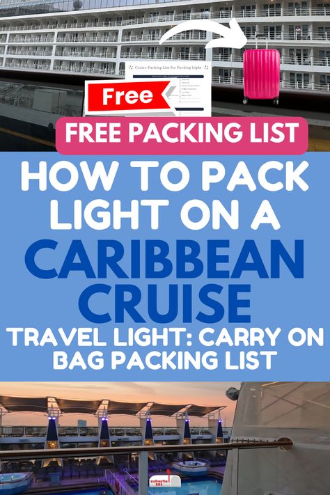 Planning a Caribbean cruise and want to avoid checked luggage? Pack light and keep everything in your carry-on for easy cruise ship embarkation and disembarkation. Whether you’re taking a Carnival or Royal Caribbean cruise, check out this packing list for packing light. Everything will fit in your carry on bag! Here are some cruise tips for traveling light, plus a free PDF cruise packing list for a 7-day Caribbean cruise. Royal Caribbean Cruise Packing List, Cruise Hacks Royal Caribbean, Carnival Cruise Packing List, Cruise Carry On Bag, 7 Day Cruise Packing List, Carry On Bag Packing, Travel Laundry Detergent, Cruise Packing List Caribbean, Check In Luggage