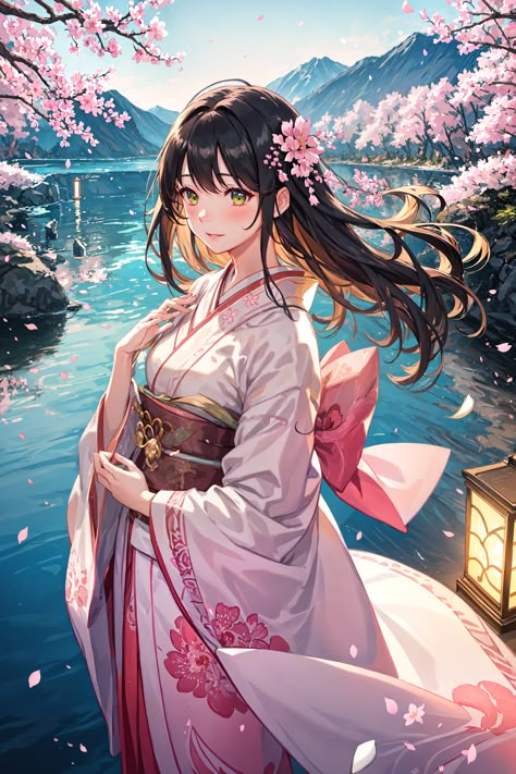 "Discover the ethereal beauty of a serene night under the Sakura in this digital painting. Embrace tranquility with glowing lanterns, cherry blossoms, and a traditional kimono-clad maiden." Japanese Warriors, Female Ocs, Enchanted Characters, Cherry Blossom Girl, Anime Kimono, Traditional Kimono, Ethereal Beauty, Anime Oc, Digital Art Girl