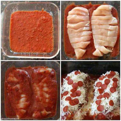 Easy Pizza Chicken Recipe - The best pizza chicken with tomato sauce, seasoning, cheese, and pepperoni! SnappyGourmet.com Low Carb Baked Chicken Recipes, Homemade Pizza Chicken, Low Carb Baked Chicken, Chicken Breast Pizza, Chicken Recipe Low Carb, Chicken Poulet, Tomato Sauce Chicken, Chicken Breast Oven, Pepperoni Chicken