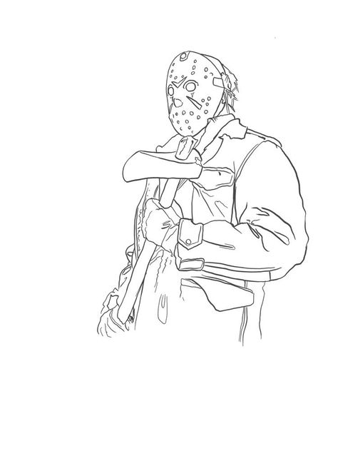 Beginner Tattoo Stencils For Men, Jason Tattoo Stencil, Horror Artwork Sketch, Jason Tattoo Design, Horror Line Art, Horror Tattoo Stencil, Jason Voorhees Drawing, Michael Myers Drawing, Jason Drawing