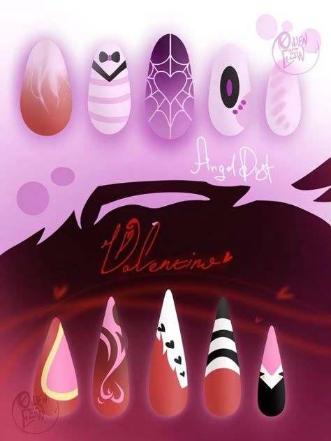 Hazbin Hotel Inspired Nails, Valentino And Angel, Dust Nails, Band Nails, Fake Nails Designs, Trends Nails, Anime Nails, Japanese Nail Art, Pretty Nail Art Designs