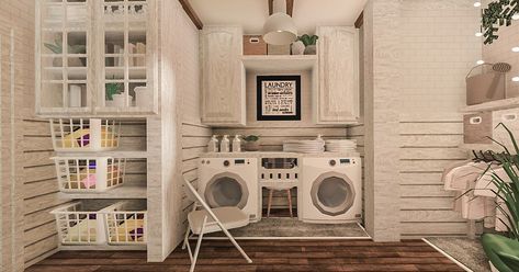 Bloxburg Rustic Kitchen Ideas, Cute Bloxburg Front Yard Ideas, Blockburg Laundry Room, Bloxburg Family Kitchen, Aesthetic Bloxburg Laundry Room, Bloxburg House Layouts 2 Story Aesthetic Layout, Big Laundry Room Ideas Bloxburg, Bloxburg House Ideas Laundry Room, Bloxburg House Ideas Pantry