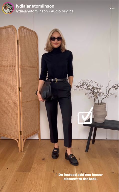 Loafer Chic Outfit, Black Chunky Oxfords Outfit, Cropped Slacks Outfit, Slacks And Loafers Outfit Women, Black Moccasins Outfit, Black Mocasines Outfit, Black Slacks Outfit Casual, Lydia Tomlinson Outfits, Black Slacks Outfit