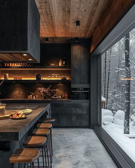 Black Cabin, Bergen, Norway by Soheil Ki|Visualization Norway Cabin Interior, Norway Interior Design, Norway House Interior, Contemporary Mountain Home Interiors, Nordic Cabin Interior, Chalet Lighting, Modern Cabin Kitchen, Nordic Lodge, Kitchen Wallpaper Ideas