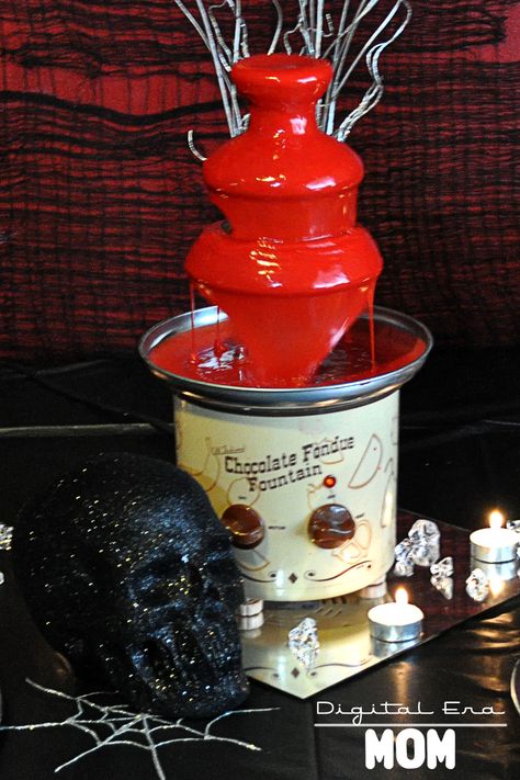 Bleeding Hearts Fondue Fountain from Digital Era Mom Colored Chocolate Fountain, Chocolate Fountain Halloween, Red Chocolate Fountain, Halloween Chocolate Fountain Ideas, Halloween Chocolate Fountain, Halloween Fondue, Coraline Decorations, Chocolate Fountain Ideas, Chocolate Fountain Recipes