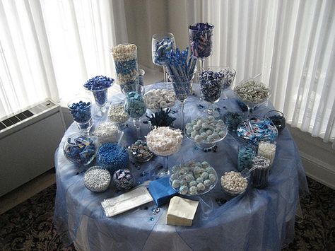 Blue Candy Bars, White Candy Buffet, Blue Candy Buffet, Basketball Party Decorations, Wedding Candy Table, Communion Ideas, Candy Buffet Wedding, Candy Bar Party, Candy Buffet Tables