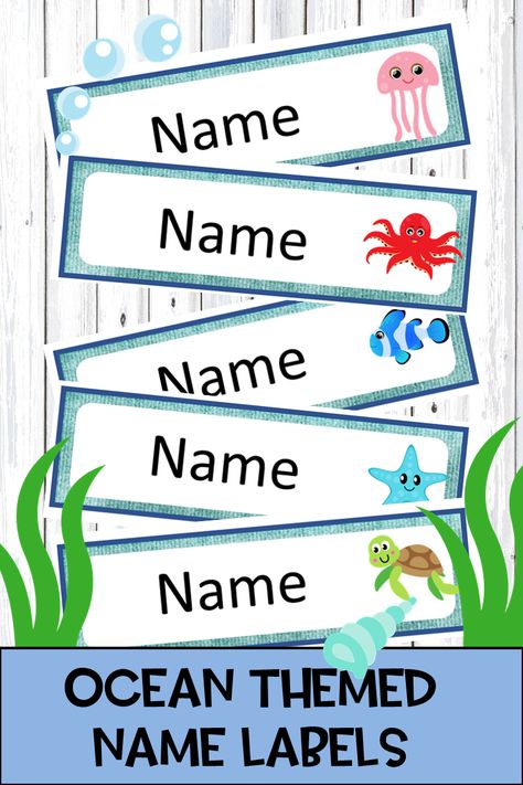 Ocean Name Tags Free Printable, Ocean Theme Name Tags, Under The Sea Name Tags Printable Free, Under The Sea Name Tags, Seaside Eyfs, Tags Printable Free, Preschool Name Tags, Cubby Name Tags, Name Tags Printable