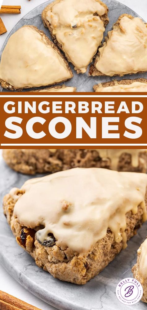 Tender flaky Gingerbread Scones with sweet golden raisins, warm spices, and a wonderful molasses glaze! Christmas Scones Holidays, Glaze For Scones, Fall Scones Recipe, Molasses Scones, Scone Flavor Ideas, Holiday Scones, Gingerbread With Lemon Sauce, Fall Scones, Molasses Glaze