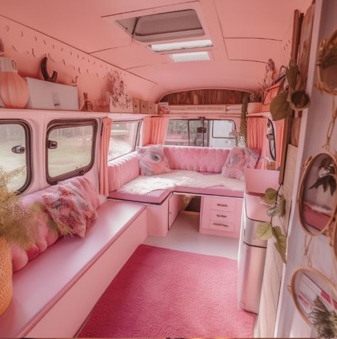 Barbie Rv Campers, Cute Van Interior, Pink Camper Van Interior, Pink Rv Interior, Pink Van Life, Barbie Dream House Decor, Pink Camper Interior, Pink Mobile Home, Cute Camper Interior