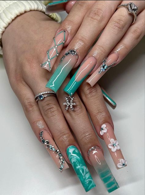 Cyan Nail Designs, Blue Green Nails Acrylic, Green And Turquoise Nails, Blue Acrylic Nails With Charms, Cyan Acrylic Nails, Turquoise Acrylic Nail Designs, Resin Nails, Aquamarine Nails Acrylic, Green And Blue Nails