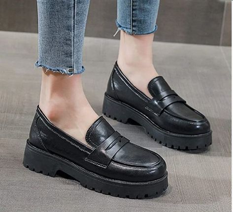 black leather platform loafers Heel Oxfords, Slip On Dress Shoes, Slip On Dress, Oxford Heels, Platform Loafers, Penny Loafers, Mid Heel, Slip Ons, Loafers Men