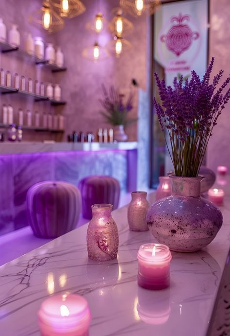 Purple Esthetician Room, Spa Owner Aesthetic, Spa Day Photoshoot, Purple Nail Salon, Saloon Interiors, Luxury Spa Aesthetic, Visual Creativity, Business Aesthetics, Dream Spa