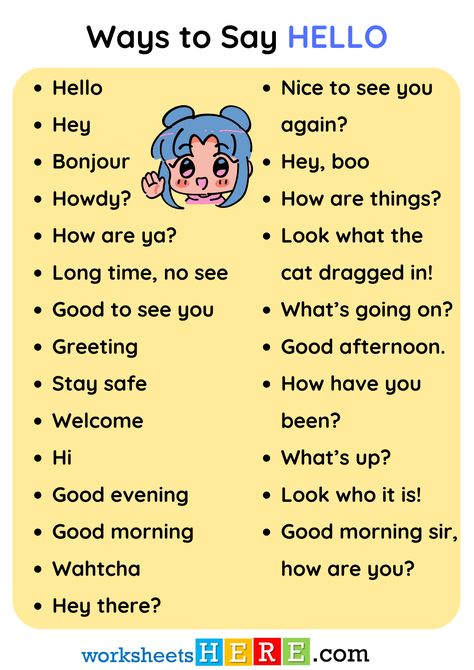 Ways to Say HELLO in Speaking PDF Worksheet For Students - WorksheetsHere.com Say Hi In Different Ways, How To Say Hi In Different Ways, Saying Hello, How To Say Welcome In Different Ways, Stopping By To Say Hello, Ways To Say Hello In English, Ways To Say Hello, Good To See You, Good Afternoon