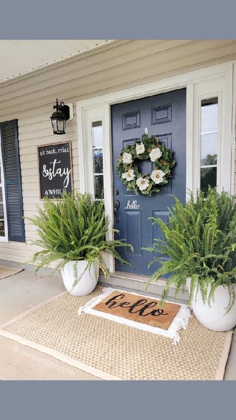 Front Porch Ideas Flowers Planters, Summer Porch Decor Front Entry Spring, Cute Front Porch Ideas Summer, Front Yard And Porch Ideas, Ferns In Planters Front Porches, Fern Decor Outdoor, Front Porch Decor Spring/summer, Front Porch Summer Ideas, Summer Porch Ideas Front Doors