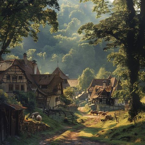 Idyllic Village Scene: A tranquil village basks in the morning light, showcasing rustic houses amidst lush greenery and calm. #village #idyllic #rustic #morning #houses #aiart #aiphoto #stockcake ⬇️ Download and 📝 Prompt 👉 https://ayr.app/l/ERtS Cottagecore Village Aesthetic, Village In A Forest, Poor Village Aesthetic, Medevil Village Aesthetic, Fairy Village Aesthetic, Forest Village Art, Mountain Village Aesthetic, Forest Village Aesthetic, Fantasy Village Art