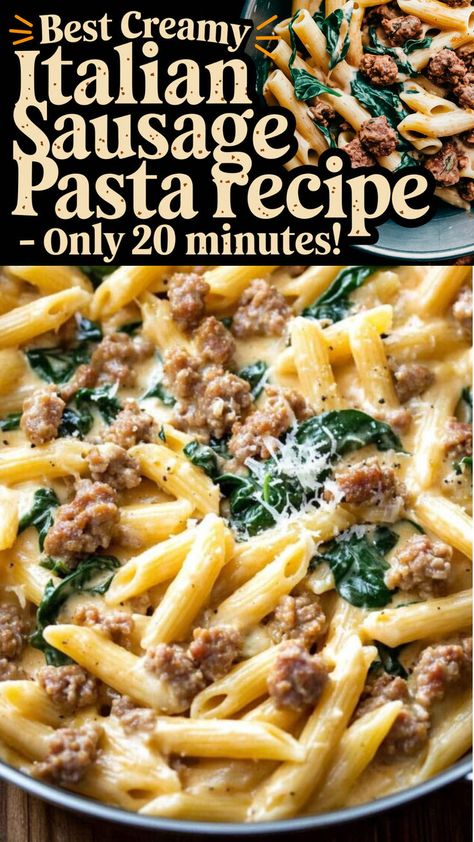 This pin promotes a creamy Italian sausage pasta recipe, ready in just 20 minutes. Made with penne, savory Italian sausage, fresh spinach, and a luscious creamy sauce, it’s perfect for a quick and comforting dinner. Enjoy this easy, flavorful pasta that’s sure to satisfy! Creamy Italian Sausage Pasta, Sausage Pasta Dinner, Italian Sausage Recipes Pasta, Pasta Sausage, Sausage Pasta Recipes, Italian Sausage Pasta, Italian Sausage Recipes, Ground Italian Sausage, Italian Pasta Recipes