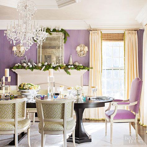 Lavender Dining Room, Purple Dining Room, Purple Dining Chairs, Holiday Interior, New England Home, Purple Decor, New England Homes, Traditional Home, Elegant Dining