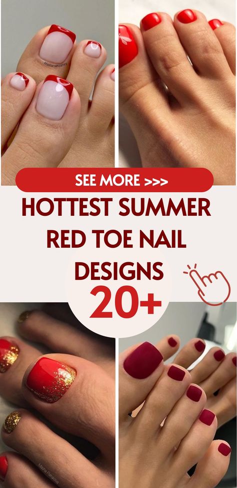 As the sun kisses our skin and we welcome the vibrant aura of summer, it’s the perfect time to adorn our toenails with striking red designs that echo the Red Toe Nail Designs, Summer Sparkle Nails, Red Toe Nails, Red Pedicure, White Pedicure, Red Toenails, Nail 2024, Red Nail Art Designs, Feet Nail Design