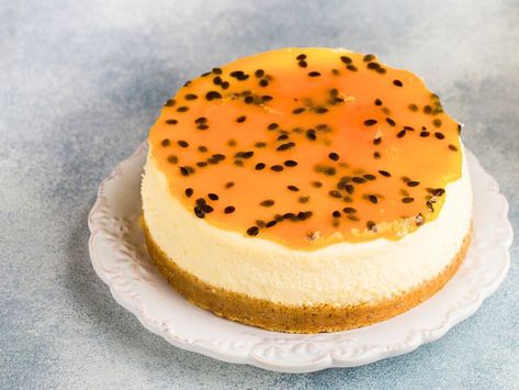 Lilikoi Cheesecake Recipe • Pint Sized Baker Passion Fruit Cheesecake, Passion Fruit Sorbet, Creamy Cheesecake Recipe, Passionfruit Cheesecake, Passion Fruit Curd, Fruit Cheesecake, Tropical Desserts, Cheesecake Toppings, Fruit Toppings