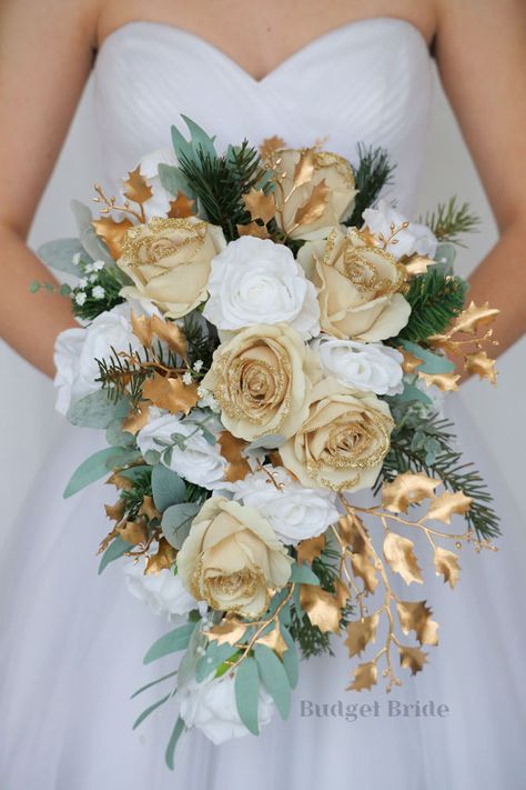 Click to open gallery White And Gold Wedding Themes, Gold Wedding Bouquets, Small Bridesmaid Bouquets, Fake Wedding Flowers, Sage Eucalyptus, Gold Wedding Flowers, Green Gold Weddings, Gold Bouquet, Green Wedding Bouquet