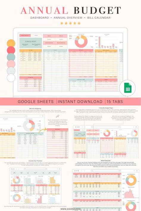 Transform your financial management with our Annual Budget Spreadsheet for Google Sheets. This comprehensive tool includes 15 tabs covering monthly budgets, bill calendars, dashboards, and annual overviews. Stay organized, track expenses, and achieve financial goals effortlessly. Optimize your finan Finance Planning, Financial Budget Planner, Excel Budget Spreadsheet, Track Expenses, Budget Spreadsheet Template, Budget Template Free, Monthly Budget Spreadsheet, Excel Budget, Financial Budget