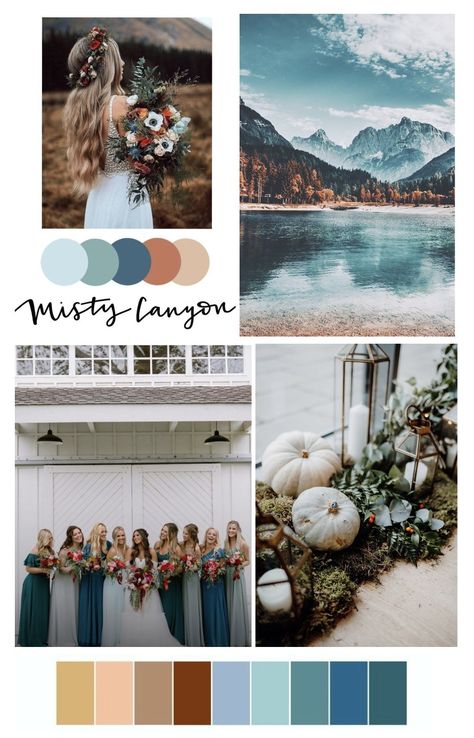 Misty Canyon Wedding, Misty Canyon Wedding Colors, Summer Mountain Wedding Color Palette, Spring Mountain Wedding Colors, Mountain Wedding Colors, Green Brown Wedding, Brown Wedding Themes, Blue Fall Wedding, Fall Mountain Wedding