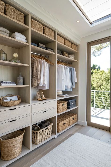 Keep your dressing room organized with smart storage solutions. Use stylish baskets, drawer organizers, and open shelving to maintain a clean and clutter-free environment. Bedroom Wardrobe Organization Ideas, Open Shelving Closet, Organised Closet, Scandinavian Closet, Stylish Baskets, Craft Closet Organization, Closet Redo, Organized Closet, Closet Organization Ideas