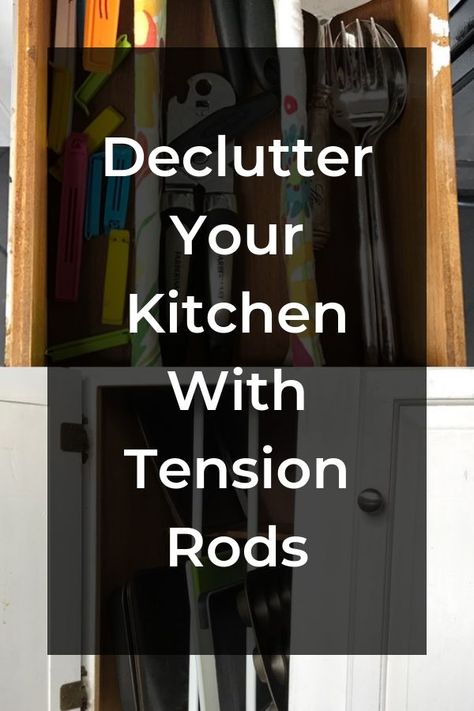 Is it just me or do most people tend to have a utensil drawer in need of major organization? I've finally found a solution that works - not only, for my junky utensil drawer, but for my other kitchen items too! See how I used tension rods to create organized spaces in some of my most cluttered kitchen spaces. diy | storage | kitchen organization | diy home decor | diy kitchen | kitchen diy organization | tension rods | tension rod organization Curtain Rod Kitchen Storage, Uses For Tension Rods, Tension Rod Ideas, Utensil Holder Ideas, Tension Rod Curtains, Rustic Curtain Rods, Cluttered Kitchen, Organized Spaces, Under Cabinet Storage