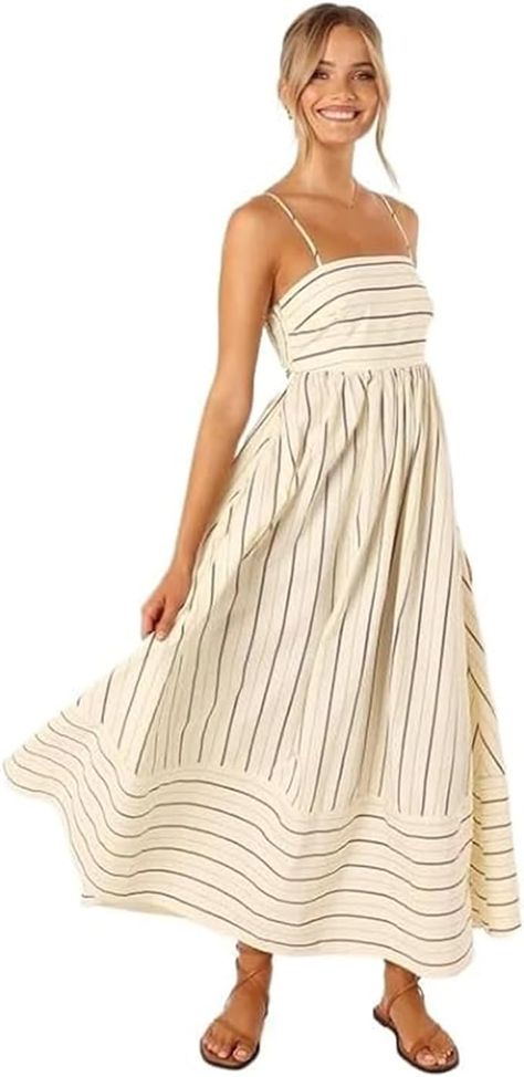 LATETON Striped Dress for Women Striped Sleeveless Suspender with Open Back Large Hem Casual Dress Large Hem Extended Dress at Amazon Women’s Clothing store Long Beach Dress, Midi Slip Dress, Mini Robes, Dress Midi, Dress Plus Size, Flowy Dress, Dress Sleeveless, Amazon Women, Spaghetti Strap Dresses